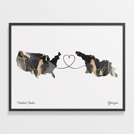 United States and Georgia Black Marble Heart Connection Map Poster