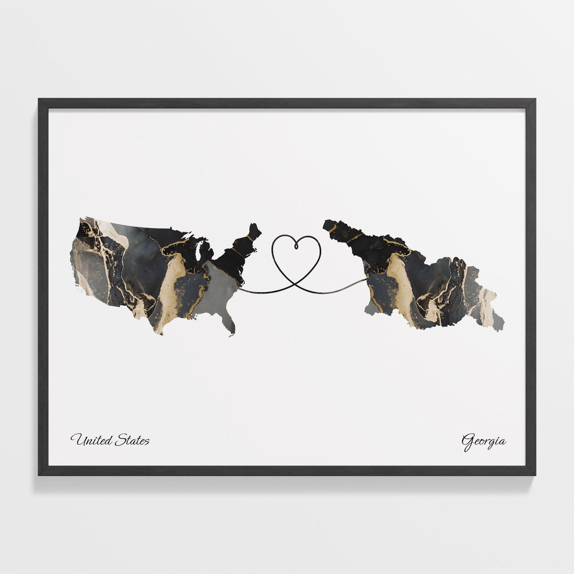 United States and Georgia Black Marble Heart Connection Map Poster