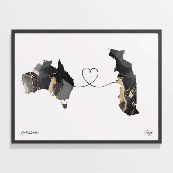 Australia Togo Long Distance Love Heart Marble Map Gift Poster
