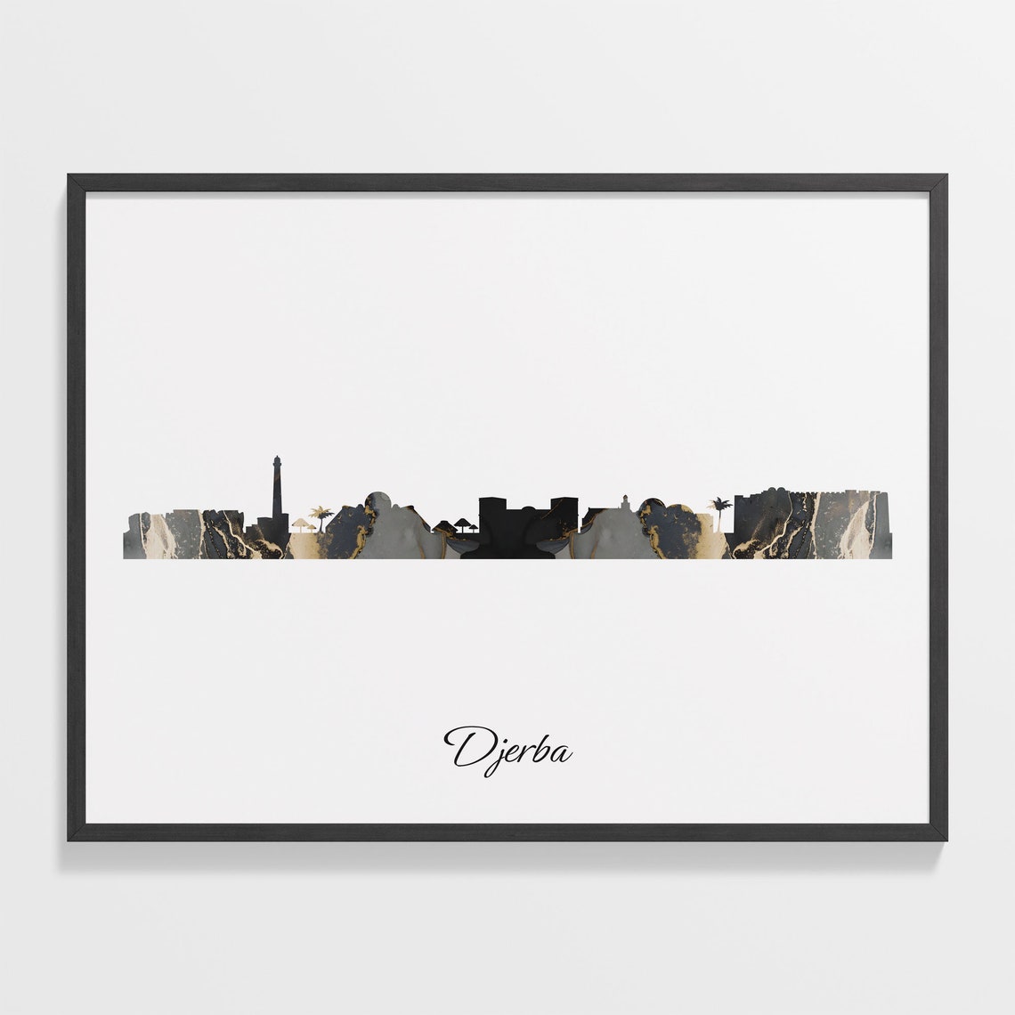 Djerba Tunisia Marble Skyline Black Gold Minimalist Cityscape Poster