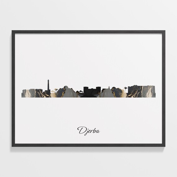 Djerba Tunisia Marble Skyline Black Gold Minimalist Cityscape Poster