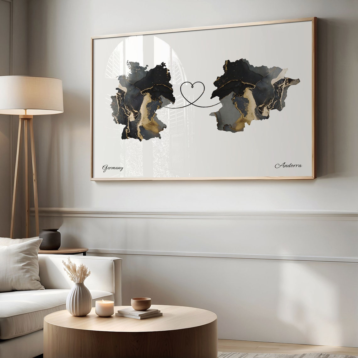 Germany and Andorra Black Gold Marble Two Country Love Map Poster - Image 2