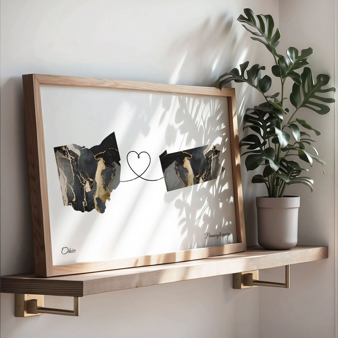 Ohio Pennsylvania Long Distance Black Gold Marble Heart Map Poster - Image 3