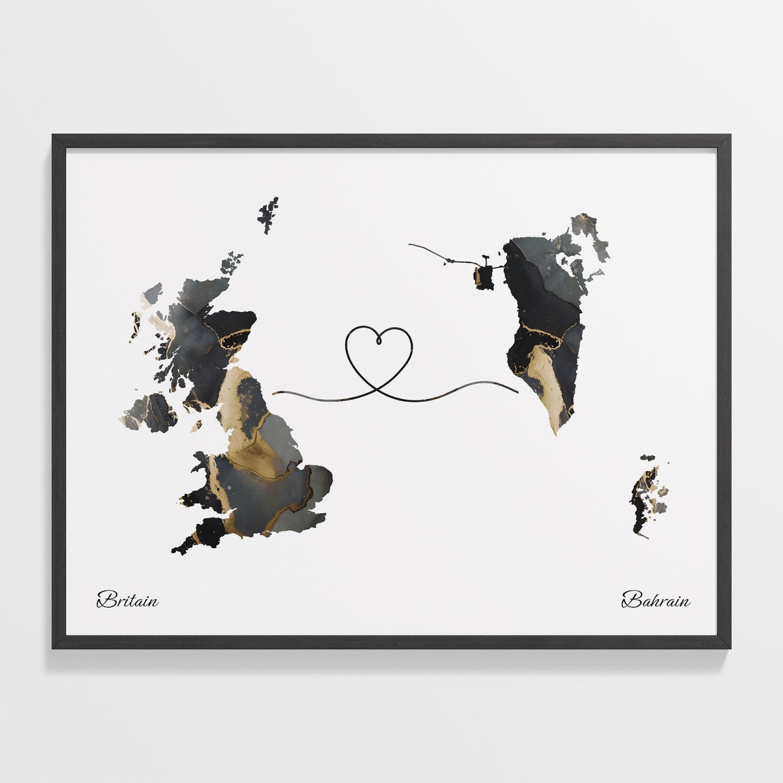 Britain to Bahrain Heart Connected Long Distance Marble Map Poster