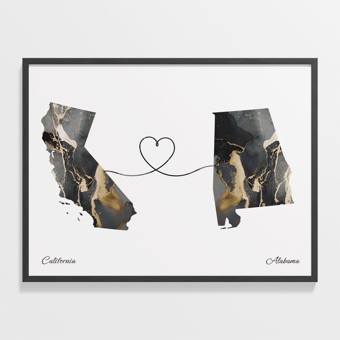 California and Alabama Black and Gold Marble Two States Map Poster