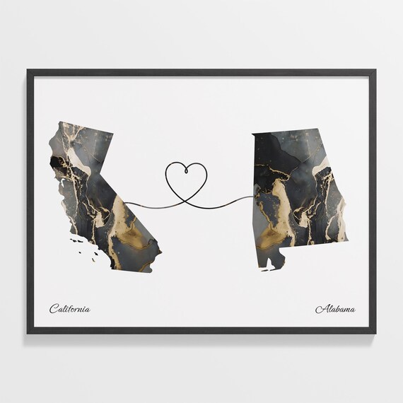 California and Alabama Black and Gold Marble Two States Map Poster