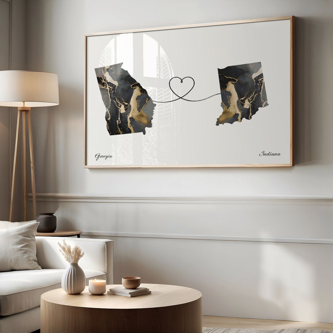 Georgia to Indiana Two State Long Distance Heart Marble Map Poster - Image 2