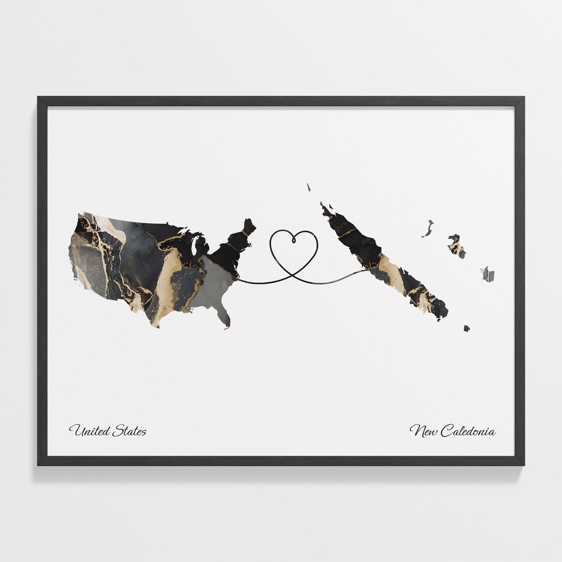 United States to New Caledonia Black Gold Marble Heart Map Poster