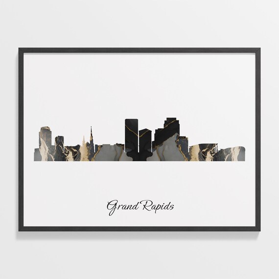 Grand Rapids Michigan Black and Gold Marble Skyline Silhouette Art Poster