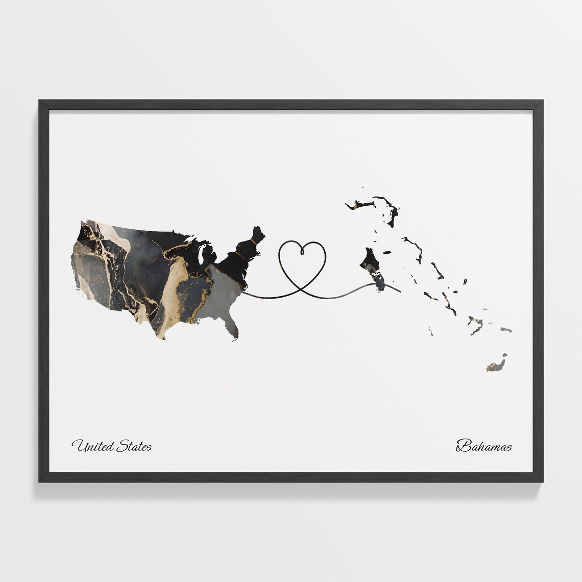 United States and Bahamas Marble Map Heart Long Distance Poster