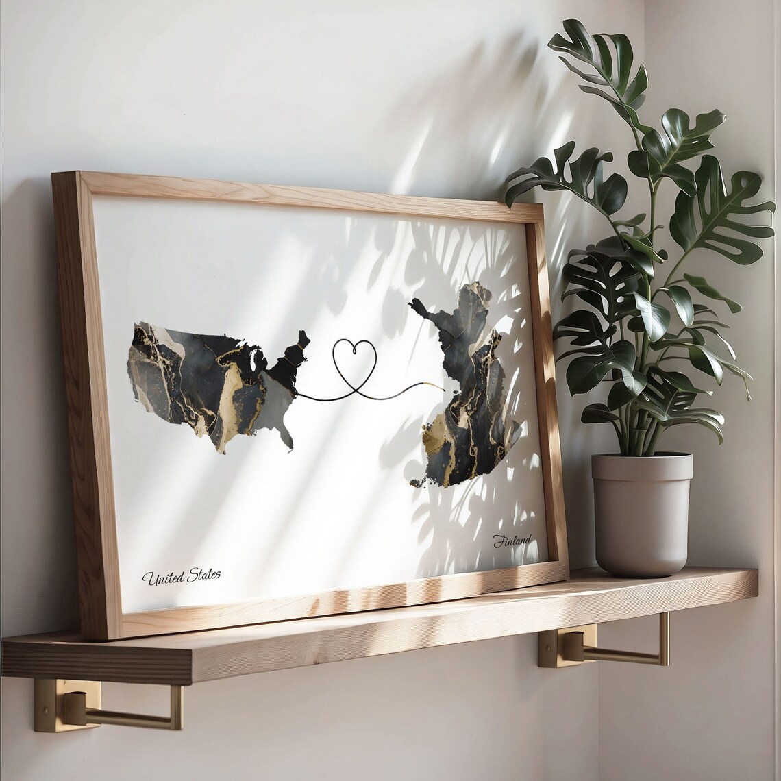 United States Finland Black Gold Marble Map Art Heart Connection Poster - Image 3