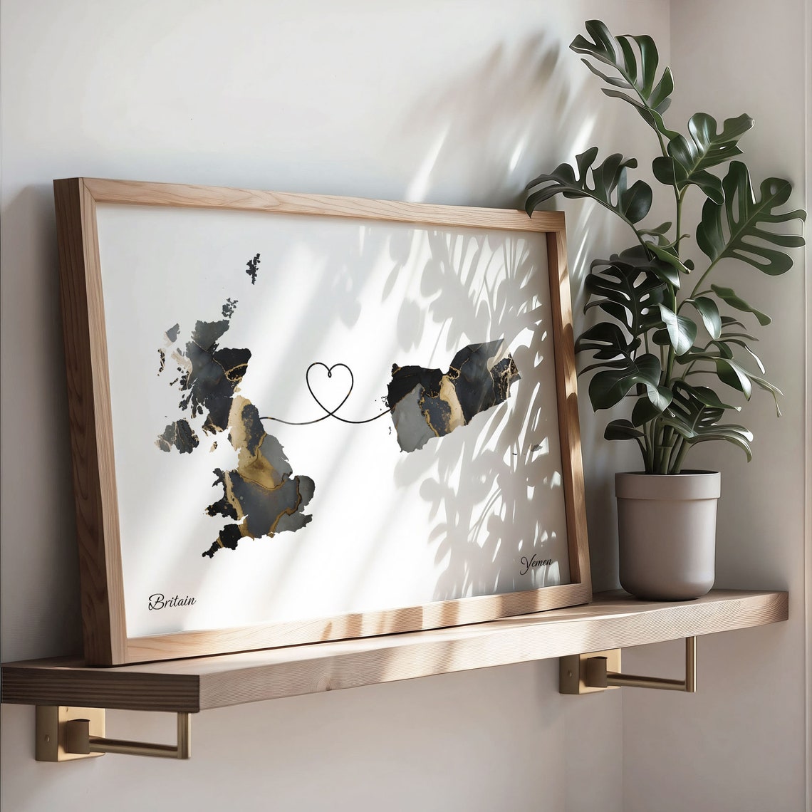 Britain and Yemen Black Gold Marble Two Country Love Map Poster - Image 3