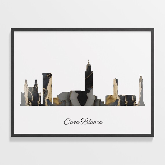 Casa Blanca Luxury Black Gold Marble City Skyline Silhouette Poster