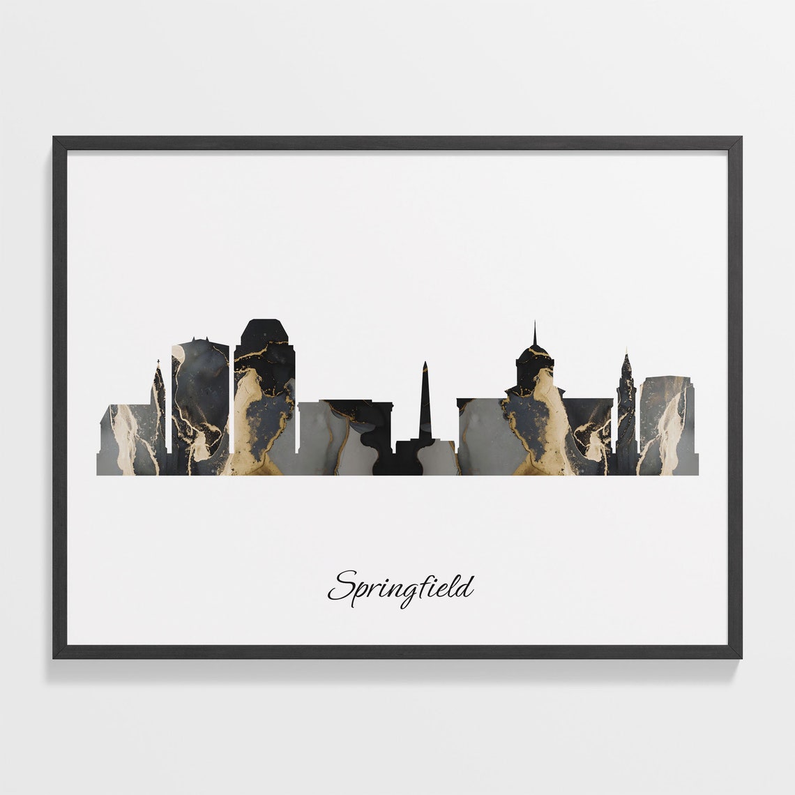 Springfield Black and Gold Marble Skyline Silhouette Art Poster