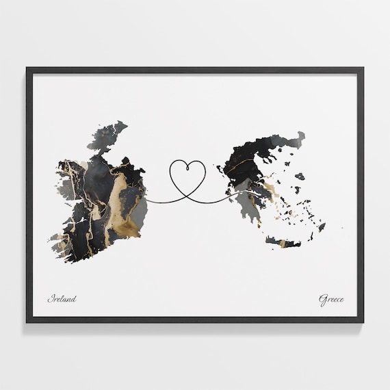 Ireland and Greece Black Gold Marble Heart Connection Map Poster