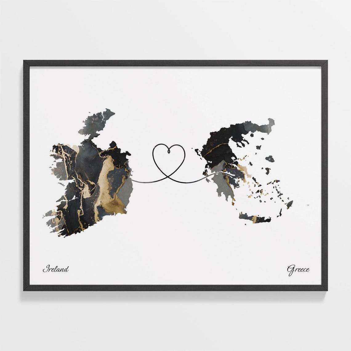 Ireland and Greece Black Gold Marble Heart Connection Map Poster