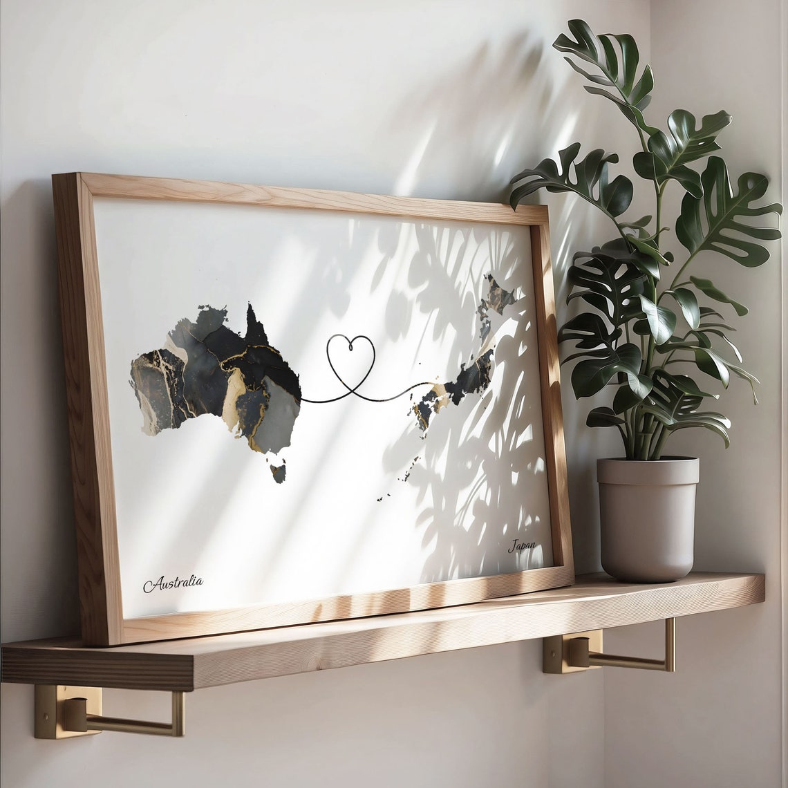 Australia to Japan Black Gold Marble Heart Connection Map Poster - Image 3