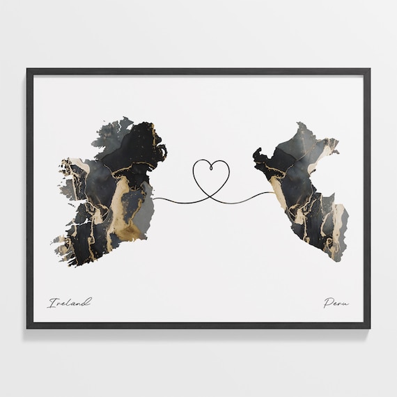 Ireland and Peru Black and Gold Marble Two Countries Map Poster
