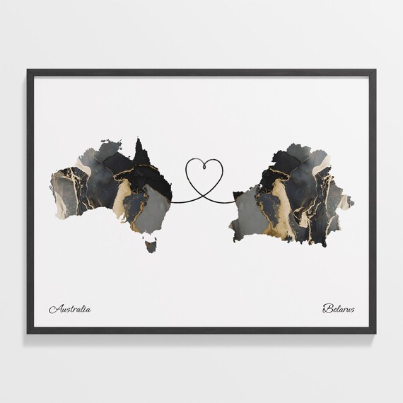 Australia To Belarus Black Gold Marble Long Distance Heart Map Poster