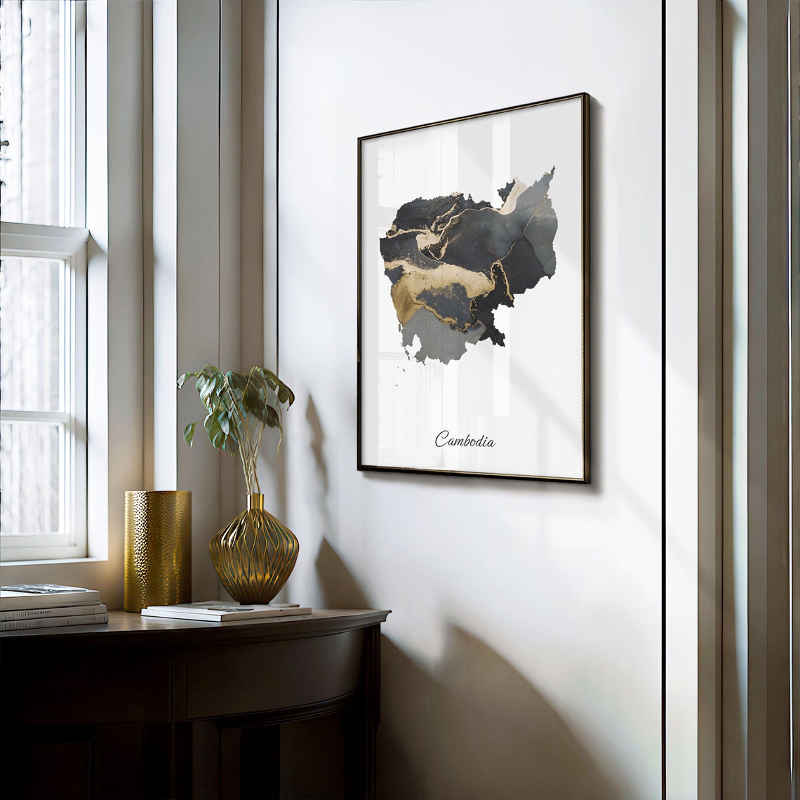 Cambodia Black and Gold Marble Silhouette Country Map Poster - Image 3