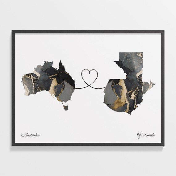 Australia To Guatemala Black Gold Marble Long Distance Heart Map Poster