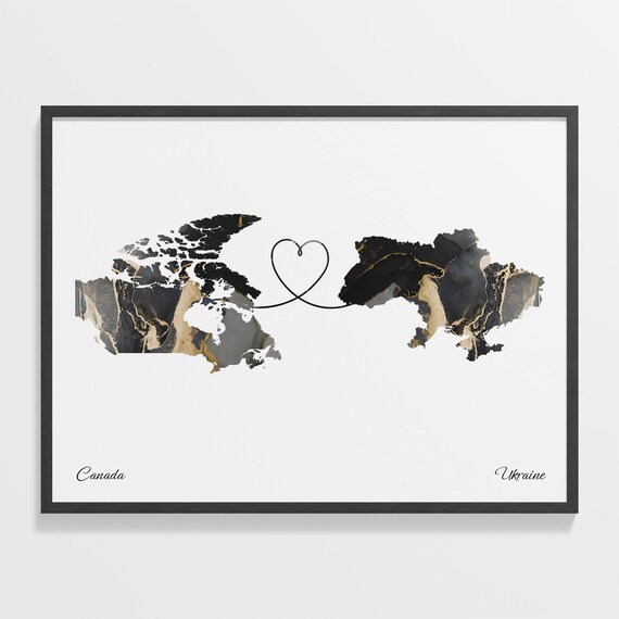 Canada and Ukraine Marble Heart Map Long Distance Love Poster