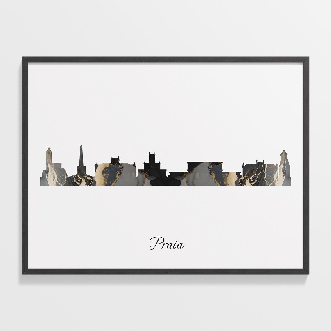 Praia Skyline Black Gold Marble Cityscape Cape Verde Travel Decor Poster