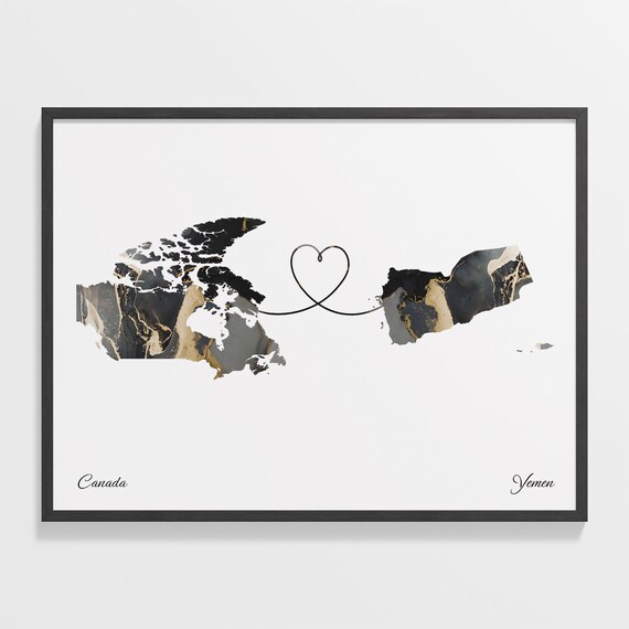Canada to Yemen Black Gold Marble Heart Connection Map Poster