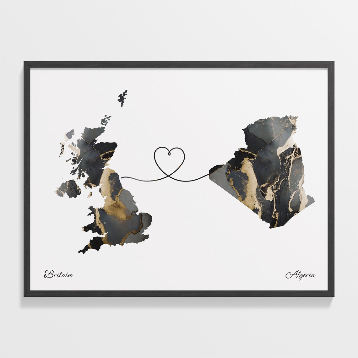 Britain to Algeria Heart Connected Long Distance Marble Map Poster