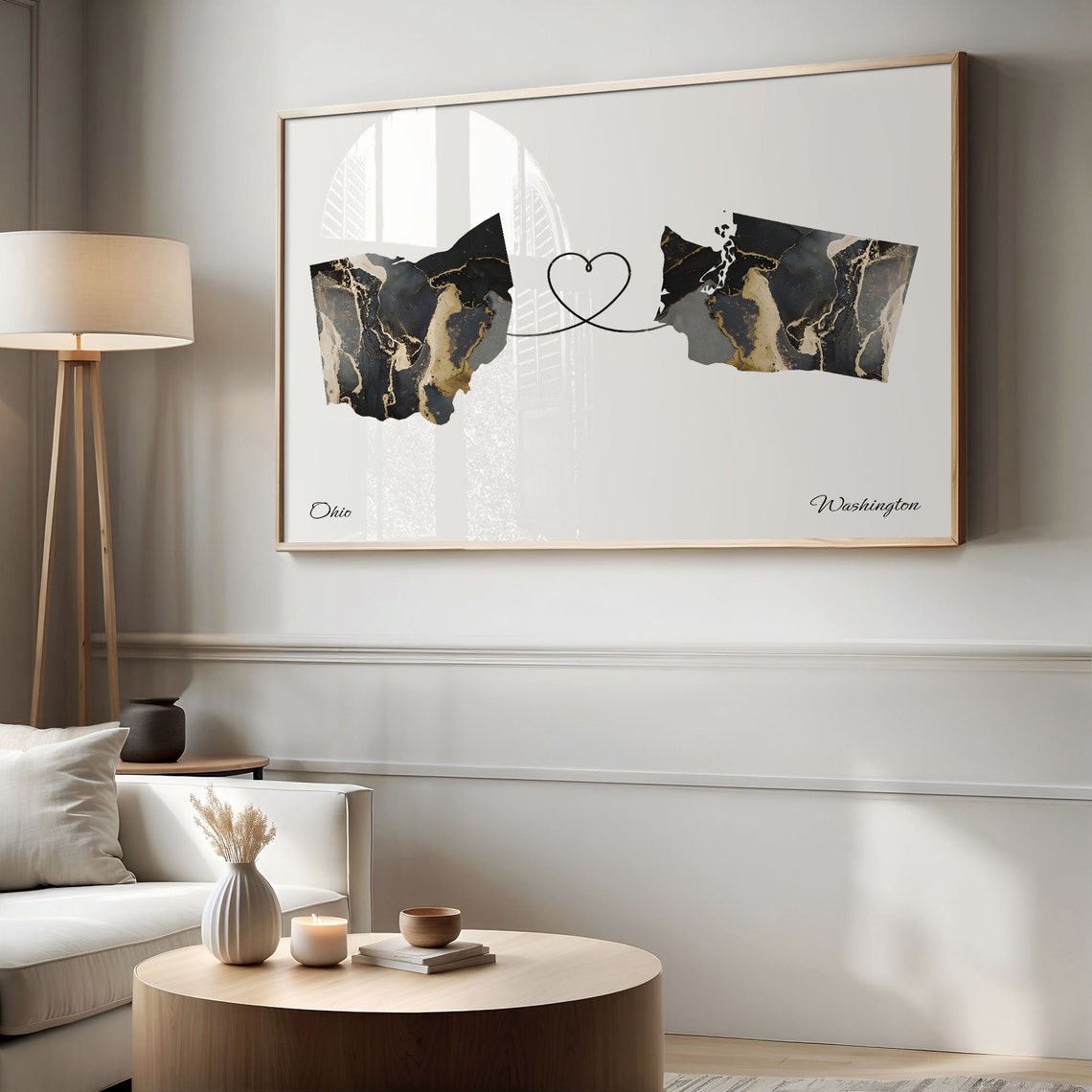 Ohio Washington Long Distance Black Gold Marble Heart Map Poster - Image 2
