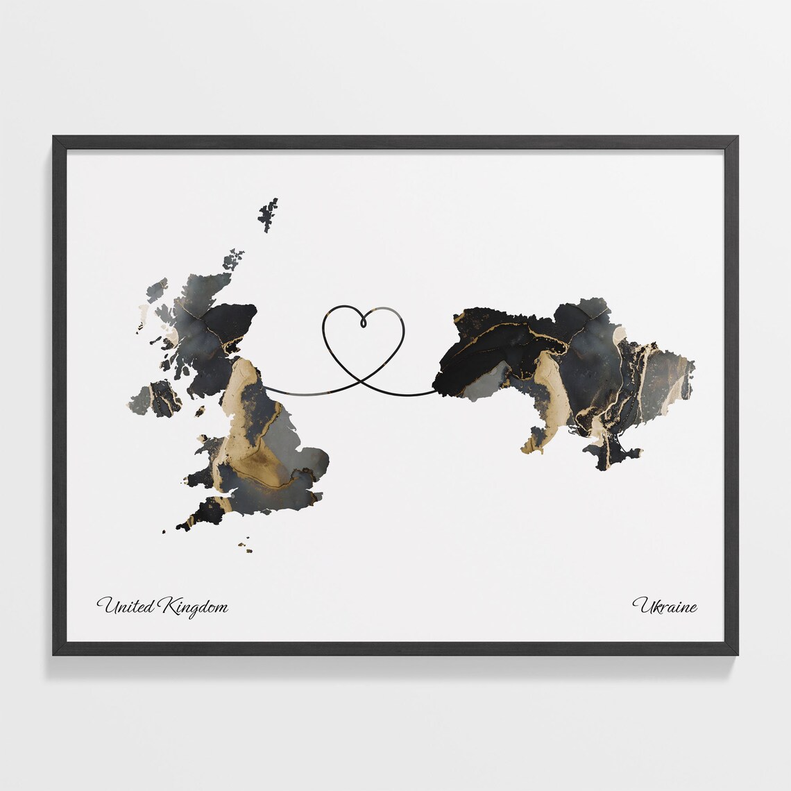 United Kingdom to Ukraine Black Gold Marble Map Heart Connection Poster