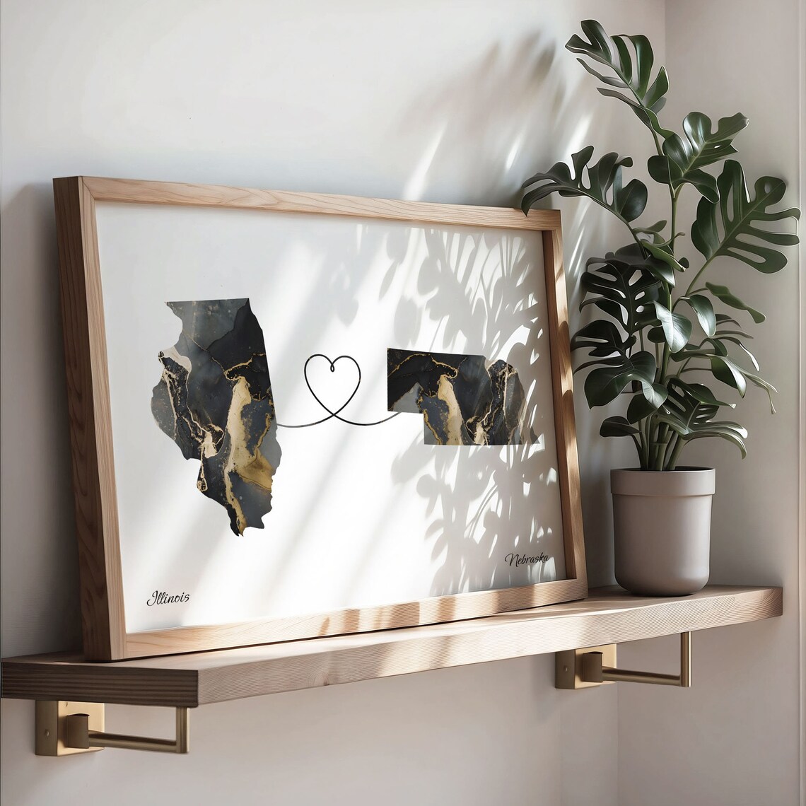 Illinois to Nebraska Long Distance Love Marble Map Art Poster - Image 3