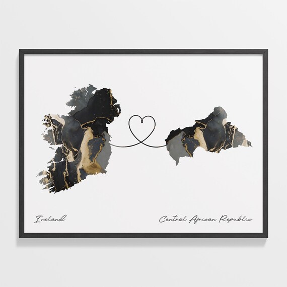 Ireland and Central African Republic Black Gold Marble Map Heart Connection Poster