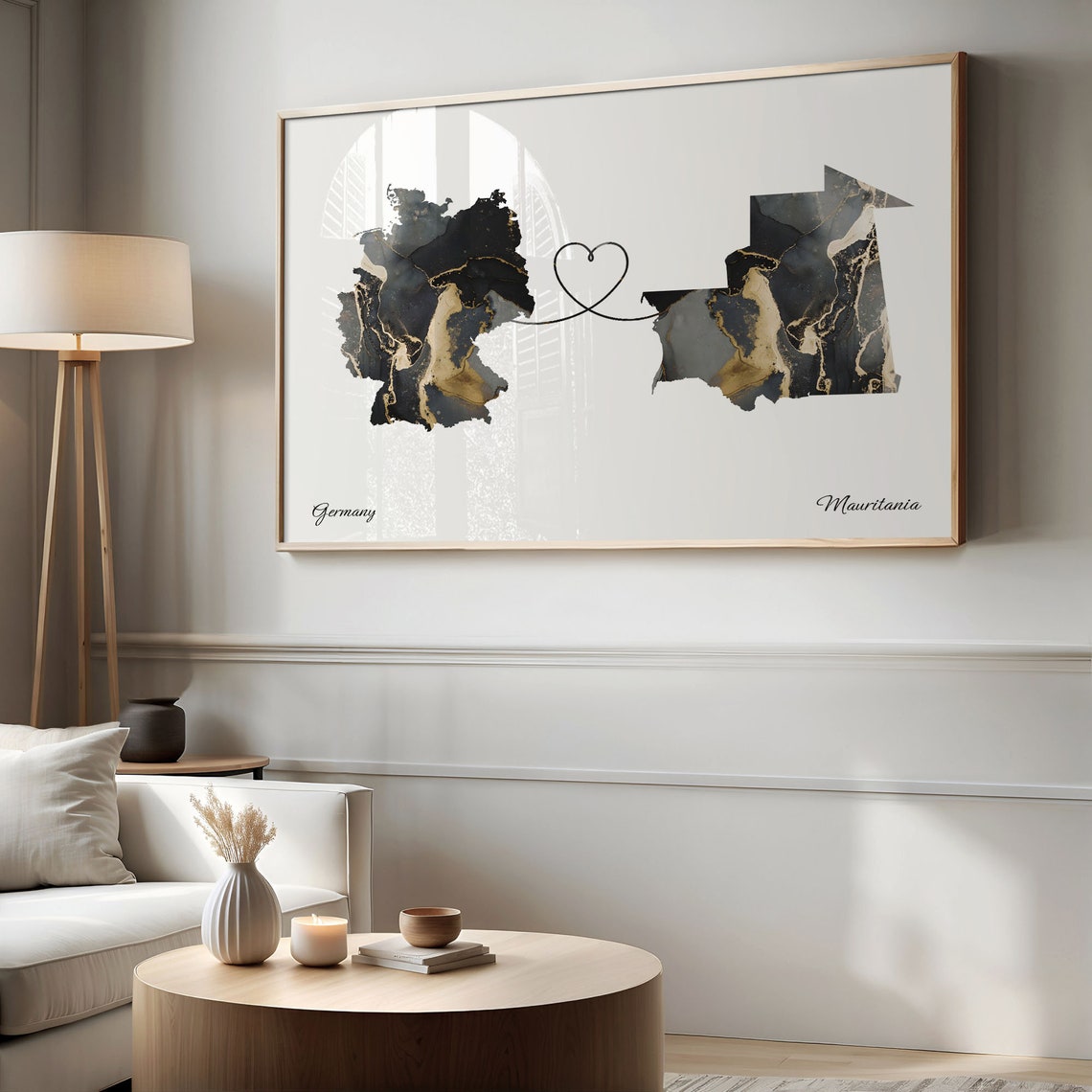 Germany and Mauritania Marble Heart Map Long Distance Love Print - Image 2