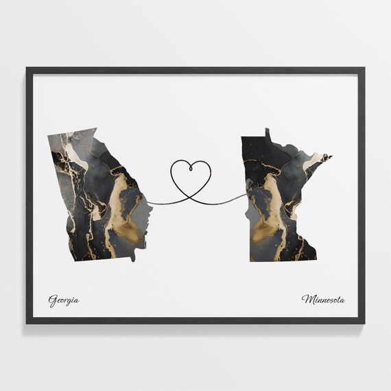 Georgia to Minnesota Black Marble State Map Long Distance Love Poster