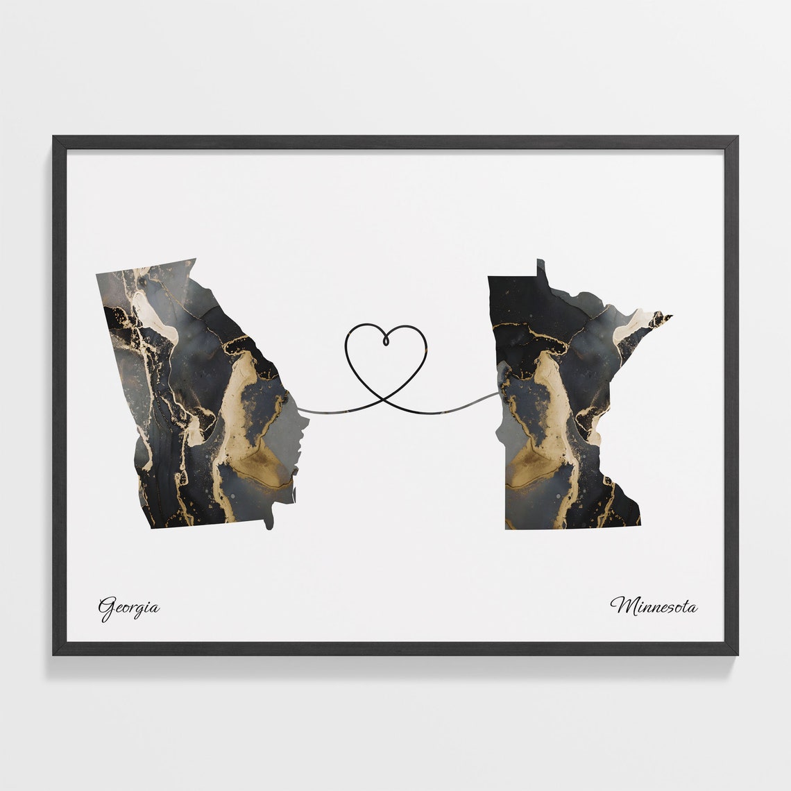Georgia to Minnesota Black Marble State Map Long Distance Love Poster