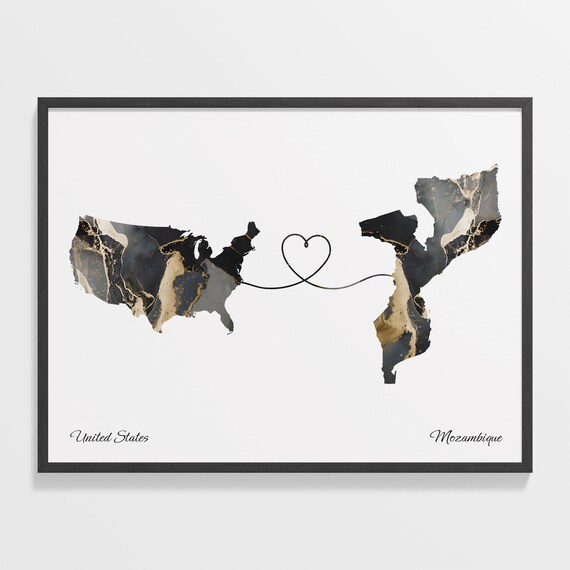 United States Mozambique Heart Marble Map Long Distance Poster
