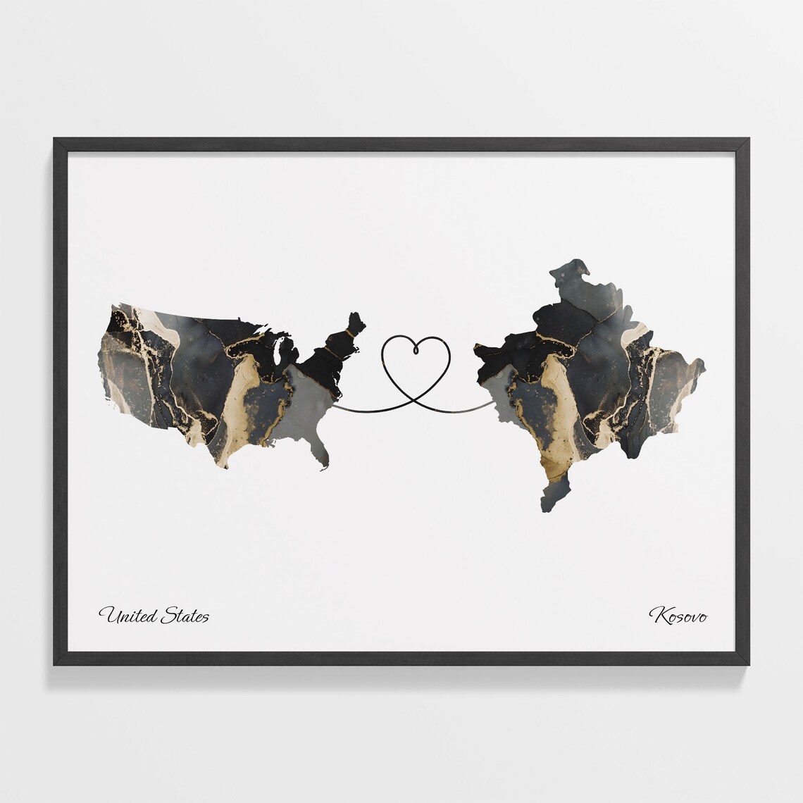 USA to Kosovo Map Poster, Kosovar Gift Travel Art