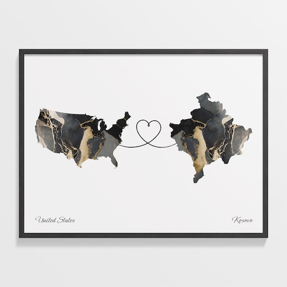 USA to Kosovo Map Poster, Kosovar Gift Travel Art