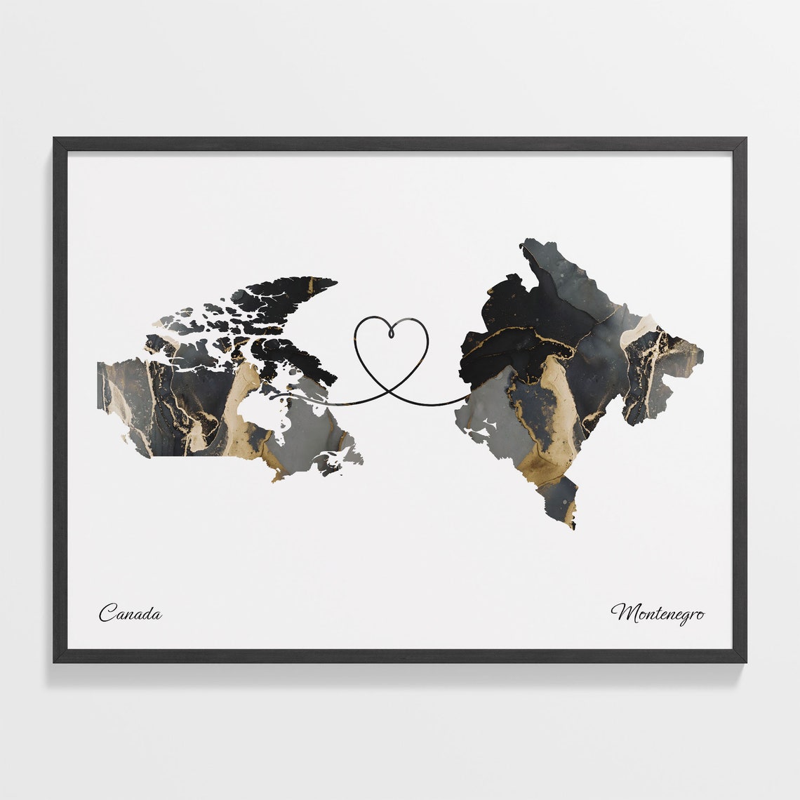Canada to Montenegro Black Gold Marble Heart Connection Map Poster