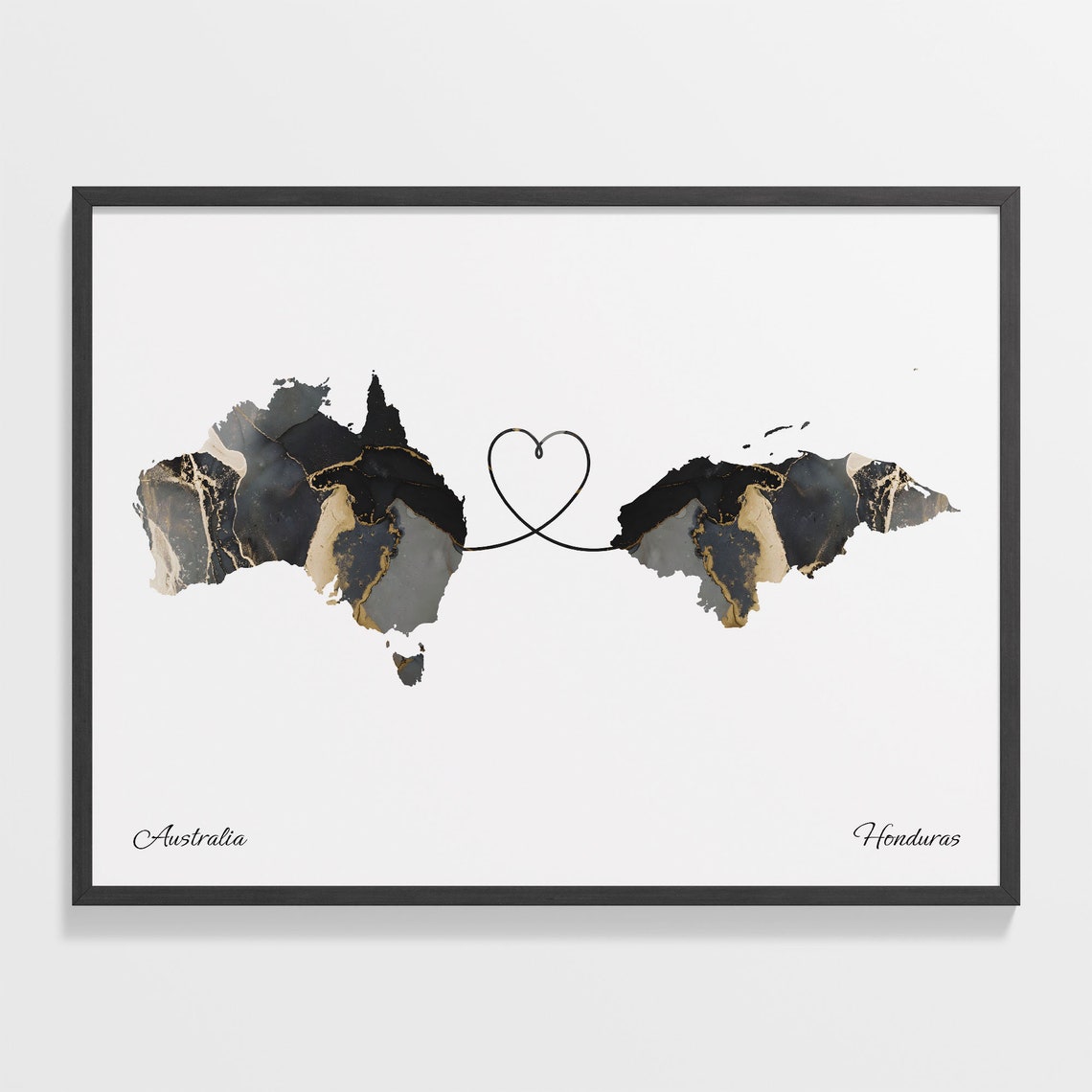 Australia and Honduras Black Marble Heart Connection Map Poster