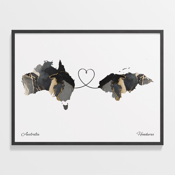 Australia and Honduras Black Marble Heart Connection Map Poster