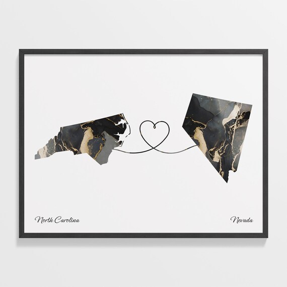 North Carolina to Nevada Two State Long Distance Heart Marble Map Poster