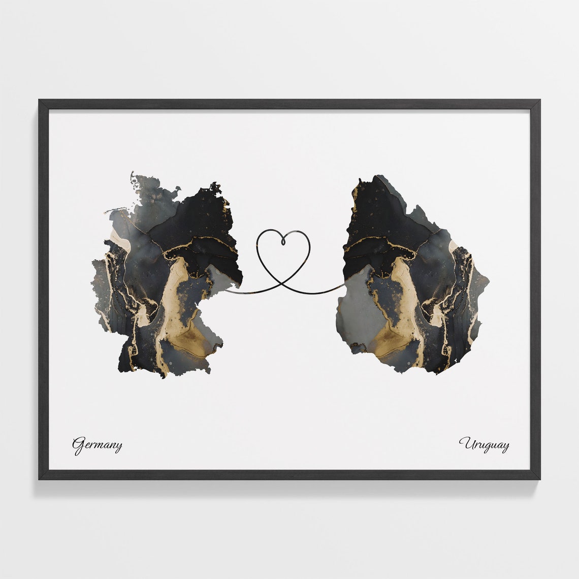 Germany to Uruguay Black Gold Marble Heart Map Art Wall Poster