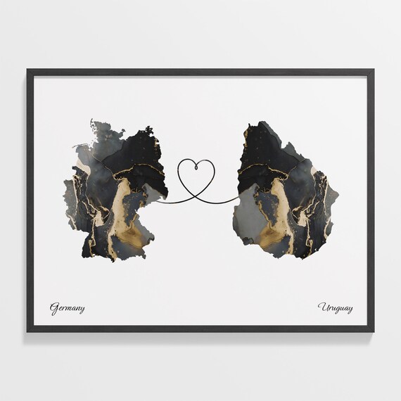 Germany to Uruguay Black Gold Marble Heart Map Art Wall Poster