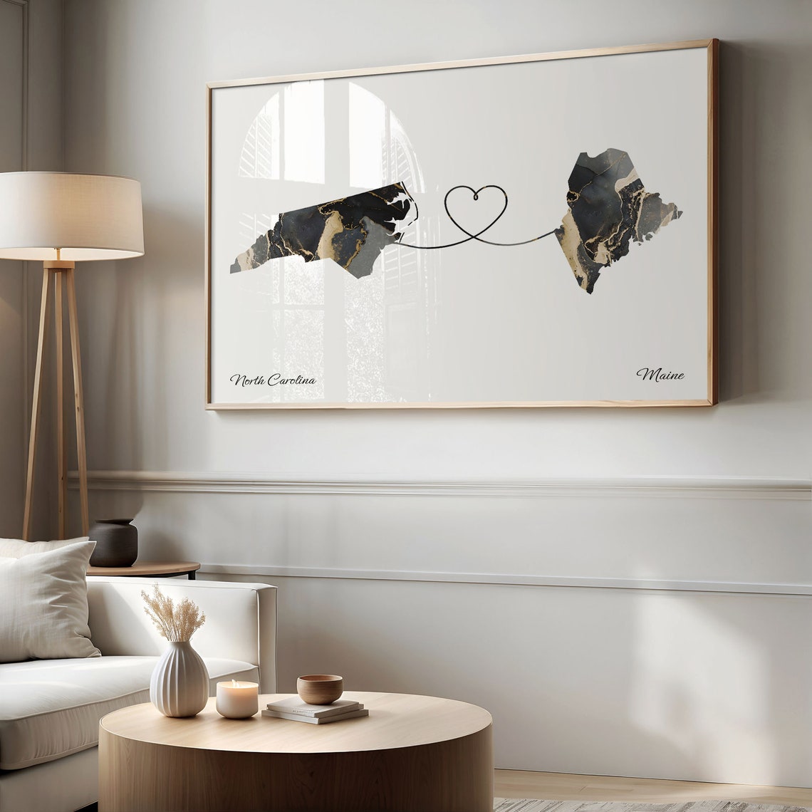 North Carolina Maine Long Distance Black Gold Marble Heart Map Poster - Image 2