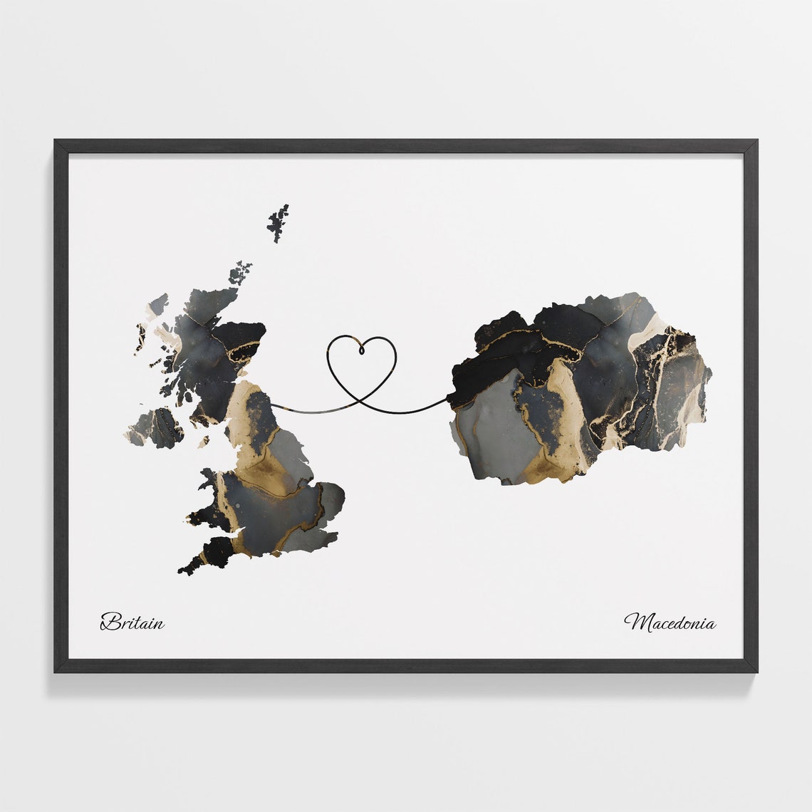 Britain and Macedonia Black Gold Marble Heart Connection Map Poster