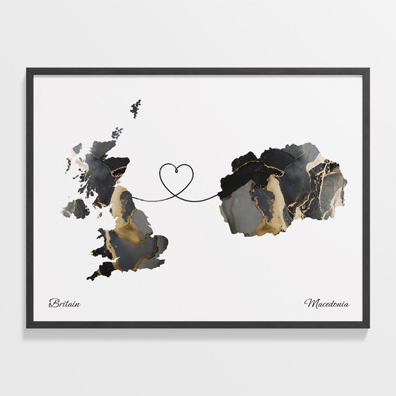 Britain and Macedonia Black Gold Marble Heart Connection Map Poster