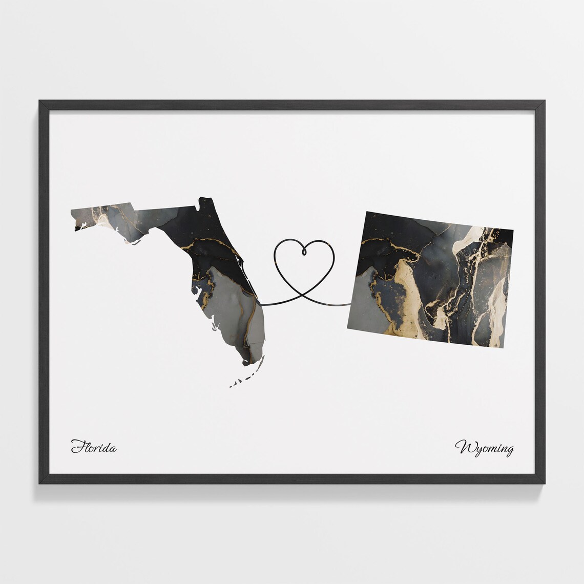 Florida to Wyoming Marble State Map Heart Long Distance Connection Poster