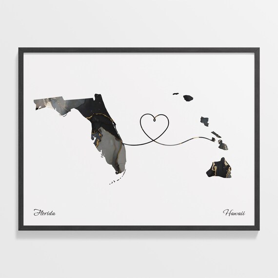 Florida and Hawaii Long Distance Gift Marble State Map Poster